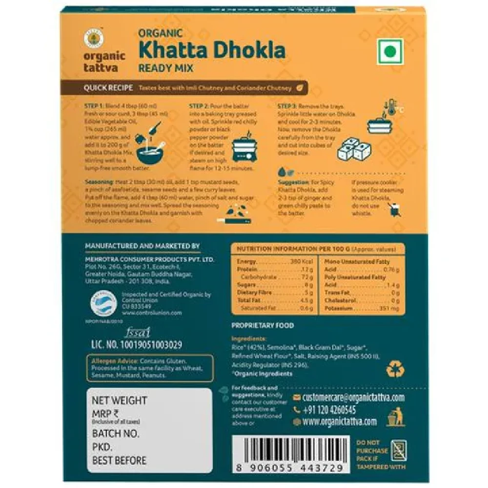 Organic Tattva Organic Khatta Dhokla Ready Mix - Soft & Fluffy, Easy To Digest, Zero Cholesterol, 200 g Mono Carton-2.webp